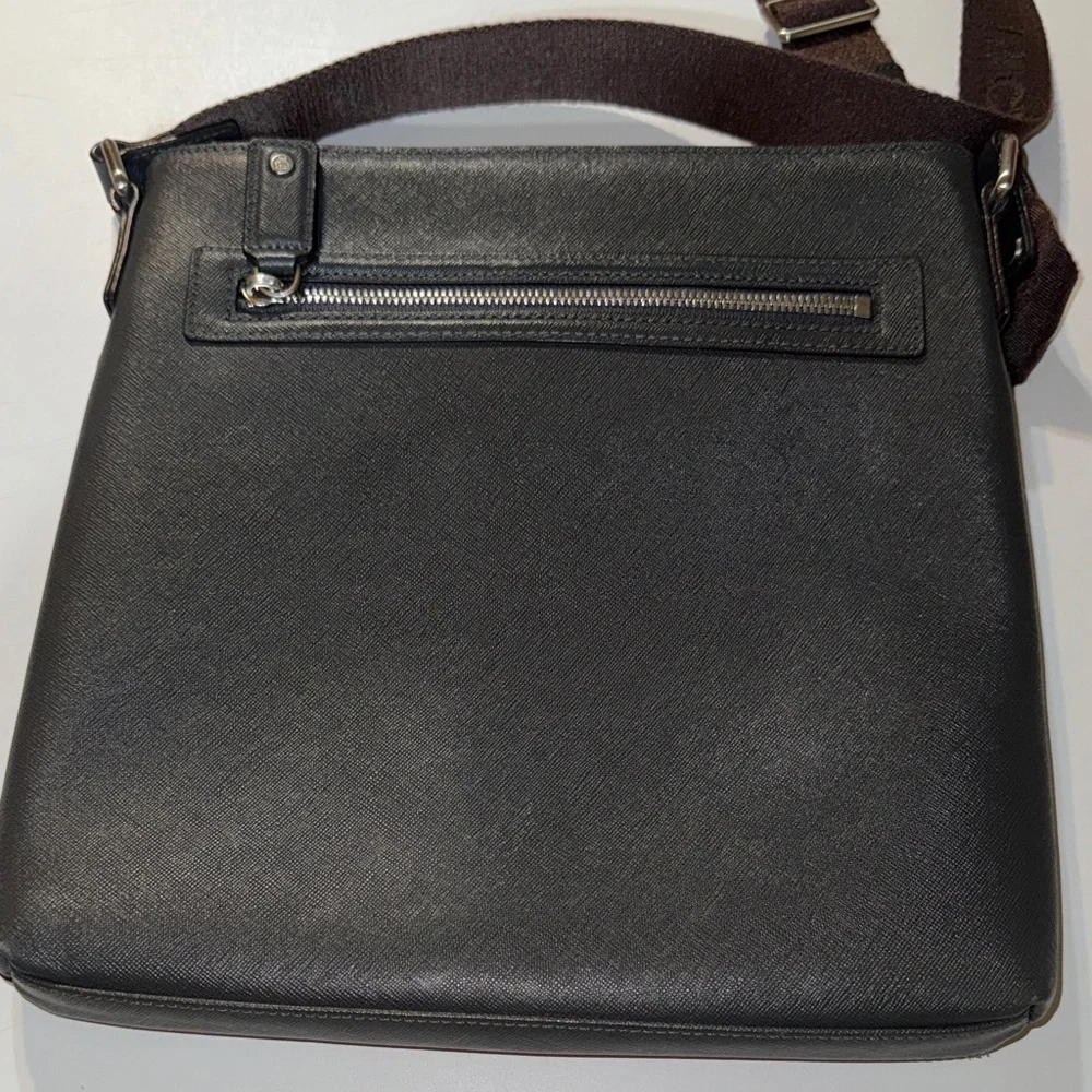 100% Authentic‎ MCM Charcoal Leather Messenger Bag w/Chocolate Brown Strap
